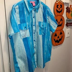 Woman Within Blue & White Striped button front Shirt with two breast pockets M